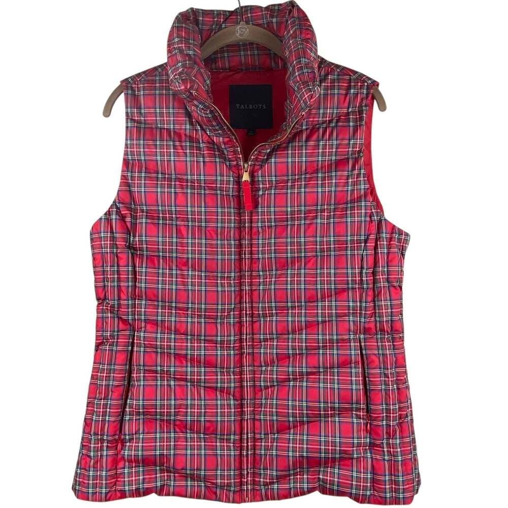 Talbots Down Puffer Vest Size M Red Plaid Zip Front